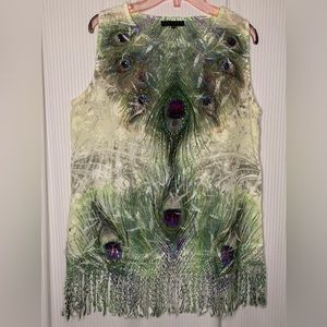 Fun Sport Peacock Sleeveless Blouse Top w/ Fringe Hidden Zipper Semi Sheer